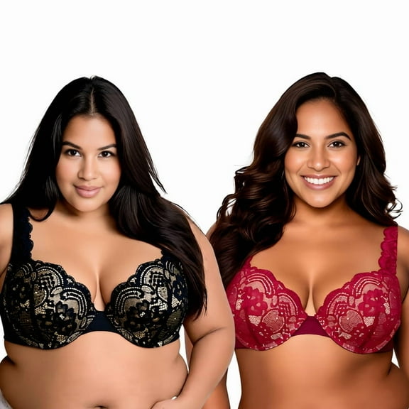 Curve Muse Women's Plus Size Add 1 and a Half Cup Push Up Underwire Convertible Lace Bras -2PK-Black,Red-32B-V2
