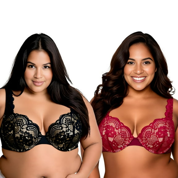Curve Muse Women's Plus Size Add 1 and a half Cup Push Up Underwire Convertible Lace Bras -2PK-Black,Red-36C