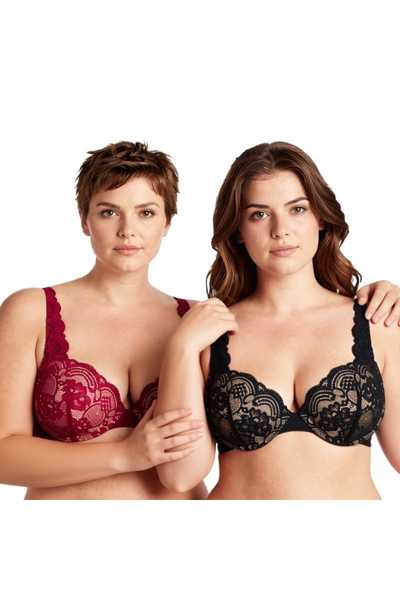Women's Plus Size Add 1 and a half Cup Push Up Underwire Convertible Lace Bras -2PK-Black,Red-36DDD