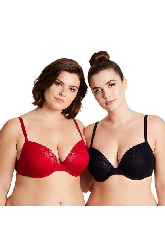 Women's Plus Size Add 1 and a half Cup Push Up Underwire Lace Bras -2PK-BLACK,RED-32C
