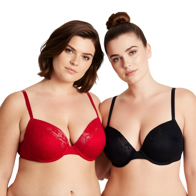 Curve Muse Women's Plus Size Add 1 and a half Cup Push Up Underwire Lace Bras -2PK-BLACK,RED-46DD
