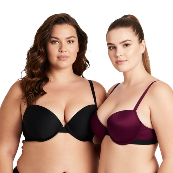 Curve Muse Women's Plus Size Add 1 and a half Cup Push Up Underwire Lace Bras -2PK-BURGUNDY,BLACK-32DDD