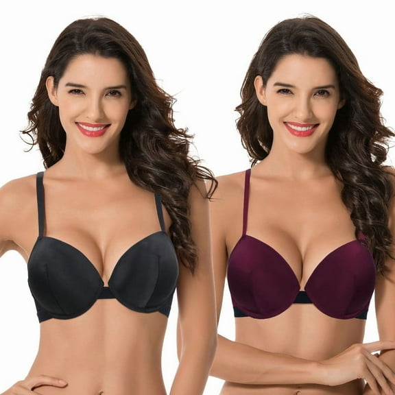 Curve Muse Women's Plus Size Add 1 and a half Cup Push Up Underwire Lace Bras -2PK-BURGUNDY,BLACK-34DDD