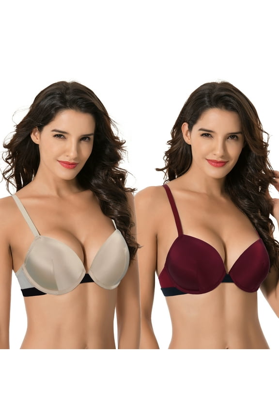 Women's Plus Size Add 1 and a half Cup Push Up Underwire Lace Bras -2PK-BURGUNDY,NUDE-32DD