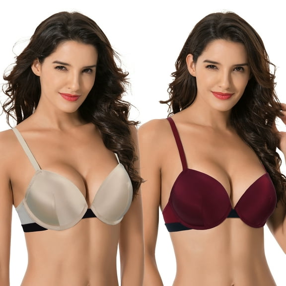 Curve Muse Women's Plus Size Add 1 and a half Cup Push Up Underwire Lace Bras -2PK-BURGUNDY,NUDE-32DD