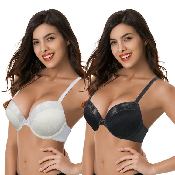 Curve Muse Women's Plus Size Add 1 and a half Cup Push Up Underwire Lace Bras -2PK-Black,Cream-32B