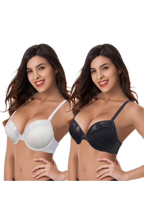 Women's Plus Size Add 1 and a half Cup Push Up Underwire Lace Bras -2PK-Black,Cream-32C