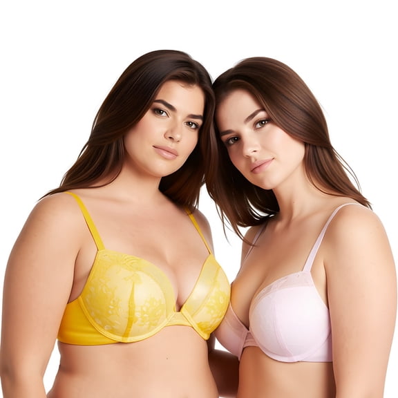 Curve Muse Women's Plus Size Add 1 and a half Cup Push Up Underwire Lace Bras -2PK-LT PINK,ORANGE-32B