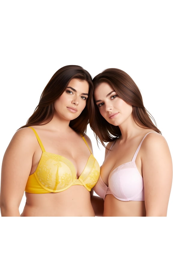 Women's Plus Size Add 1 and a half Cup Push Up Underwire Lace Bras -2PK-LT PINK,ORANGE-32B