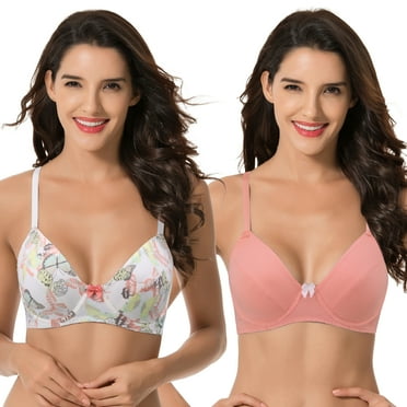 Curve Muse Women's Plus Size Cotton Unlined Balconette Underwire Bras-2 Pack-Cream/Coral/Yellow,Coral-34B