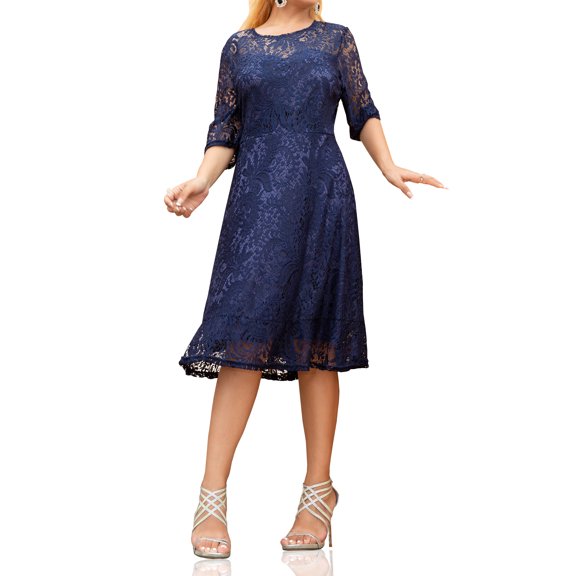 Curve Muse Women's Plus Size Floral Lace 3/4 Sleeve Round Neck Dress-Navy-3XL