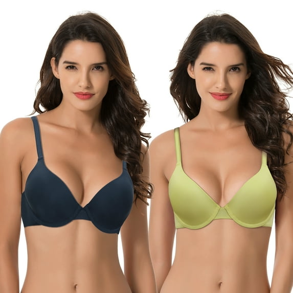 Curve Muse Women's Plus Size Full Coverage Padded Underwire Bra-2PK-BLACK,PALE GREEN-32DDD
