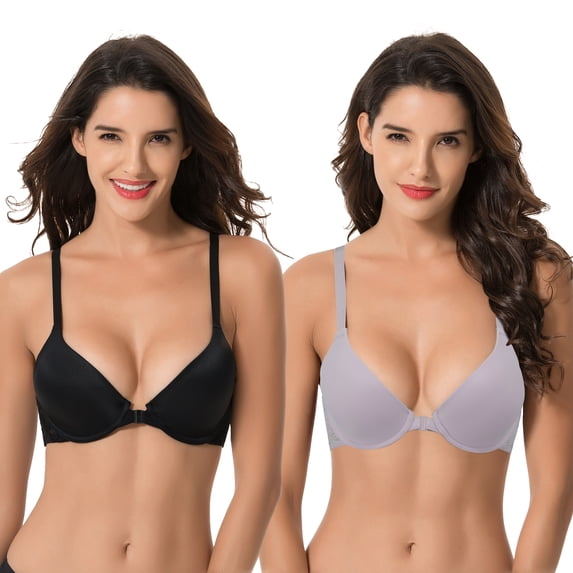 Curve Muse Women's Plus Size Full Coverage Underwire Front Close Bras-2PK-BLACK,MAUVE-38DD