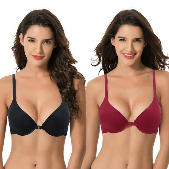 Curve Muse Women's Plus Size Full Coverage Underwire Front Close Bras-2PK-BLACK,RED-34D