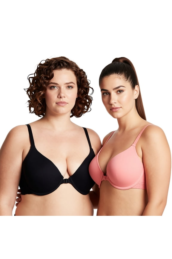 Women's Plus Size Full Coverage Underwire Front Close Bras-2PK-Black,Orange-34C