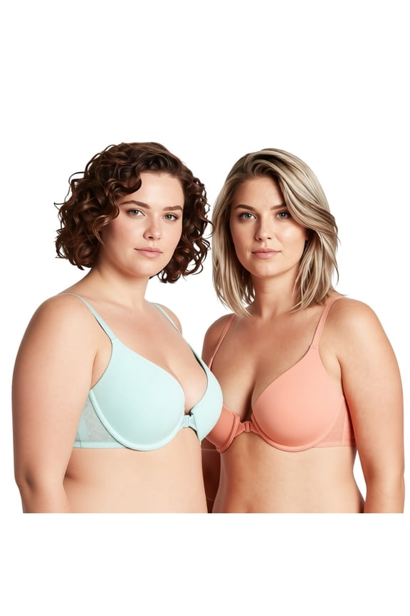 Women's Plus Size Full Coverage Underwire Front Close Bras-2PK-Shrimp Pink,Glass Blue-34C