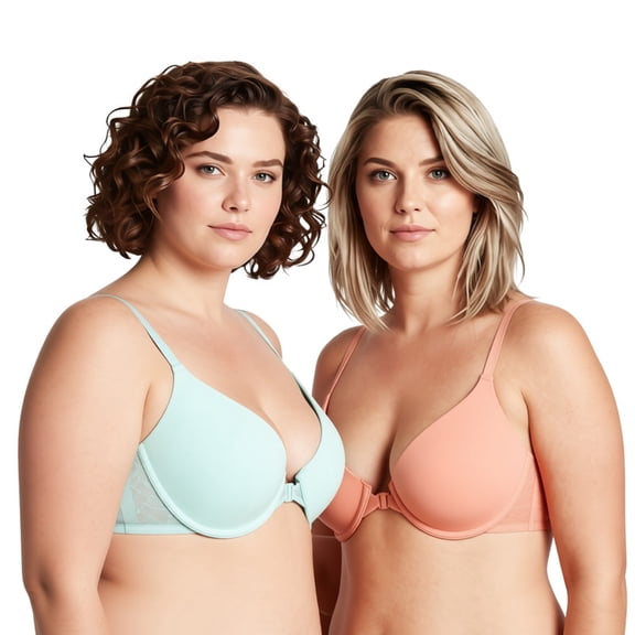 Curve Muse Women's Plus Size Full Coverage Underwire Front Close Bras-2PK-Shrimp Pink,Glass Blue-34C