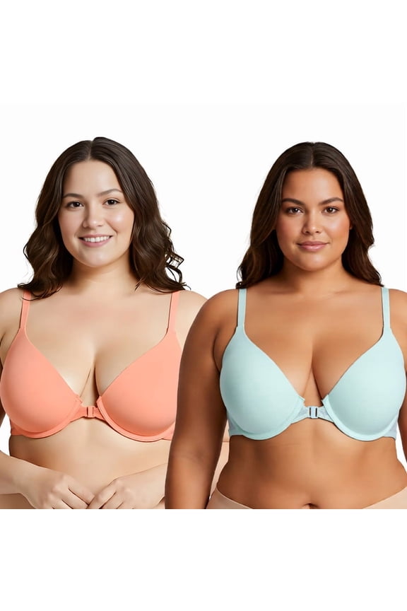 Women's Plus Size Full Coverage Underwire Front Close Bras-2PK-Shrimp Pink,Glass Blue-34DDD