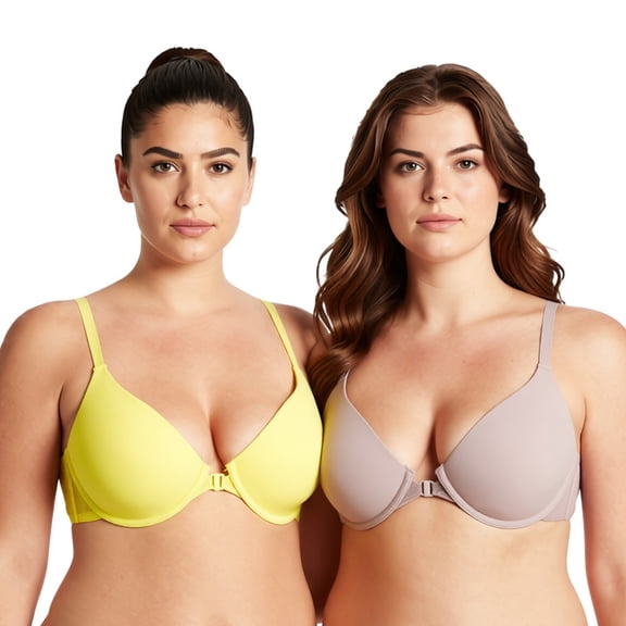 Curve Muse Women's Plus Size Full Coverage Underwire Front Close Bras-2PK-Yellow,Grayish Brown-36DD
