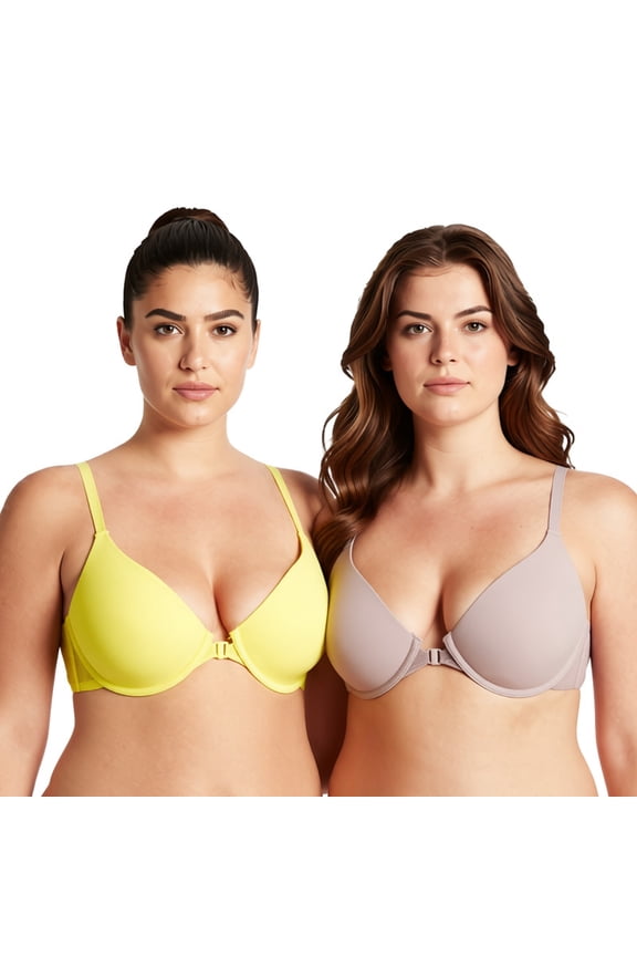Women's Plus Size Full Coverage Underwire Front Close Bras-2PK-Yellow,Grayish Brown-38B