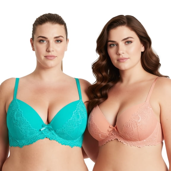 Curve Muse Women’s Plus Size Lightly Padded Underwire Balconette Bra -2PK-Light Brown,Blue/Green-36C