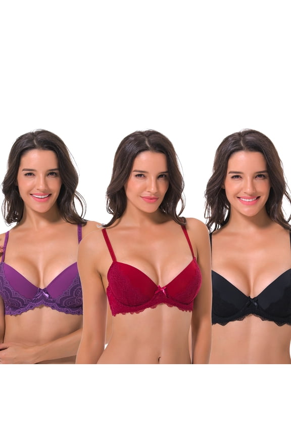 Women’s Plus Size Lightly Padded Underwire Balconette Bra -3PK-Black,Grape,Rumba Red-40B