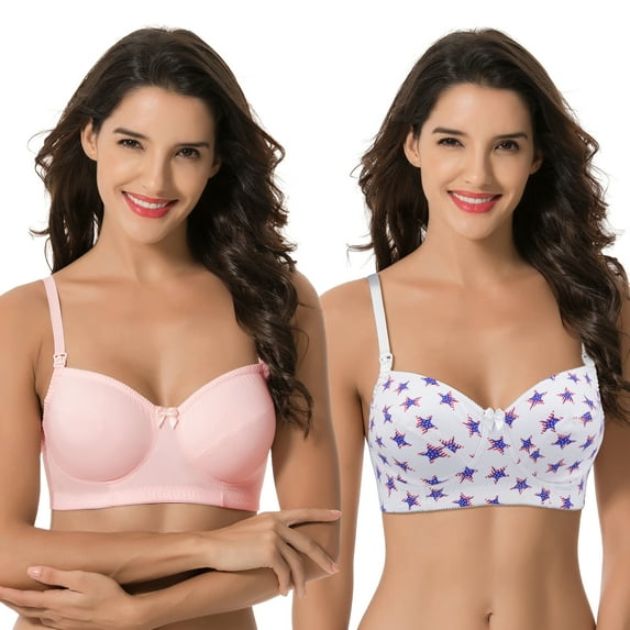 Curve Muse Women's Plus Size Maternity Nursing Cotton Wirefree Bra- 2 Pack-WHITE W PRINT,PINK-44D