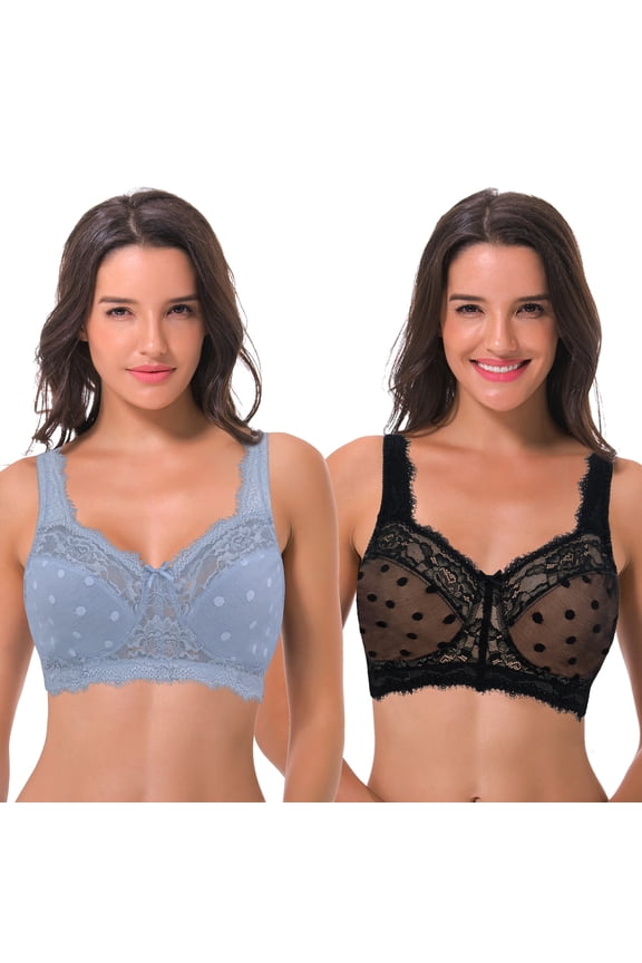 Women's Plus Size Minimizer Lace Full Coverage Unlined Wireless Bra-2Pack-Black,Lt Blue-38D
