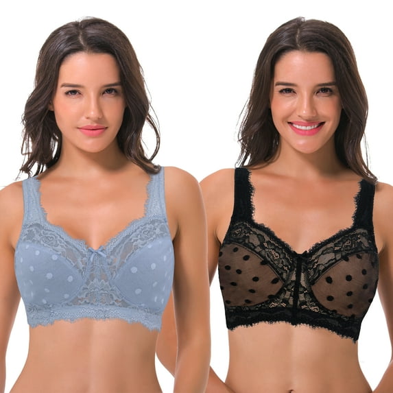 Curve Muse Women's Plus Size Minimizer Lace Full Coverage Unlined Wireless Bra-2Pack-Black,Lt Blue-40D
