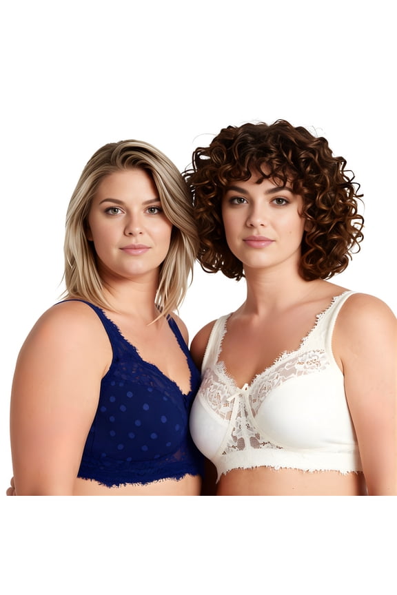 Women's Plus Size Minimizer Lace Full Coverage Unlined Wireless Bra-2Pack-Navy,White-46DDD