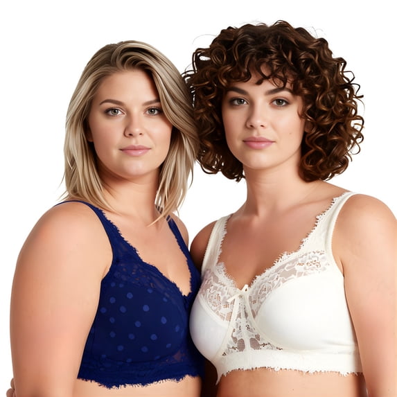 Curve Muse Women's Plus Size Minimizer Lace Full Coverage Unlined Wireless Bra-2Pack-Navy,White-46DDD