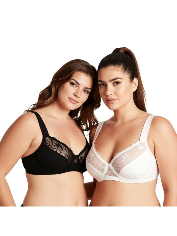 Women's Plus Size Minimizer Underwire Bra with Lace Embroidery-2 Pack-Butter Milk,Black-34DDDD