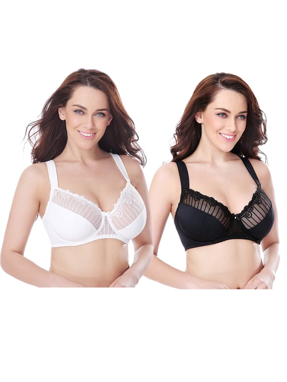 Women's Plus Size Minimizer Underwire Bra with Lace Embroidery-2 Pack-Buttermilk,Black-34DDDD