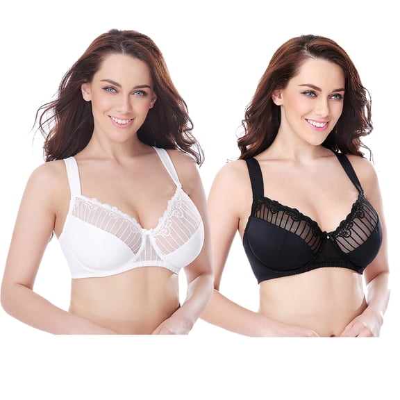 Curve Muse Women's Plus Size Minimizer Underwire Bra with Lace Embroidery-2 Pack-Buttermilk,Black-36DD