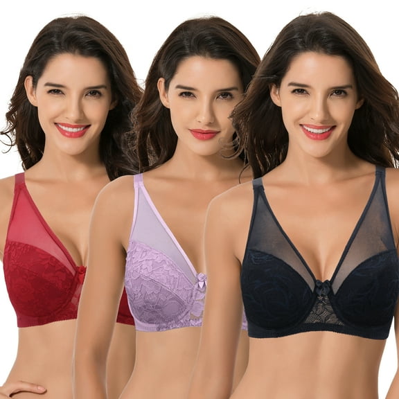 Curve Muse Women's Plus Size Minimizer Unlined Underwire Bra With Floral Lace-3PK-BLACK,RED,LAV-34DDD