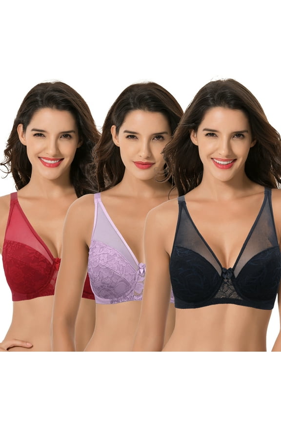 Women's Plus Size Minimizer Unlined Underwire Bra With Floral Lace-3PK-BLACK,RED,LAV-36DDD
