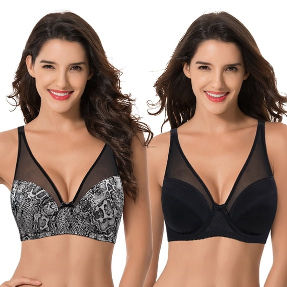 Curve Muse Women's Plus Size Minimizer Unlined Underwire Full Coverage Bra-2 Pack-Cream Printed,Black (Size:40B)