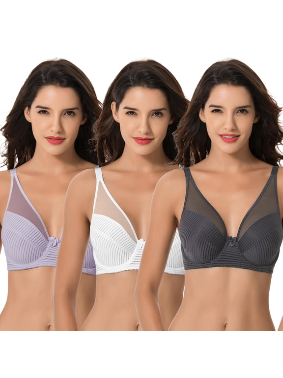 Women's Plus Size Minimizer Unlined Underwire Full Coverage Bra-3PK-Cream,Lavender,Gray-34D