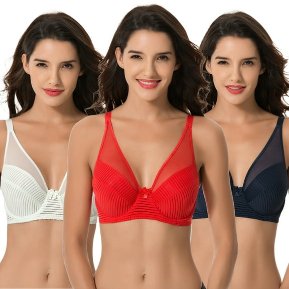 Curve Muse Women's Plus Size Minimizer Unlined Underwire Full Coverage Bra-3PK-NAVY,RED,LT GREEN-34C