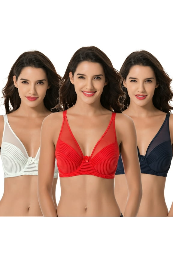 Women's Plus Size Minimizer Unlined Underwire Full Coverage Bra-3PK-NAVY,RED,LT GREEN-34DD
