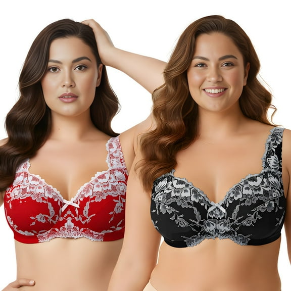 Curve Muse Women's Plus Size Minimizer Unlined Wireless Lace Full Coverage Bras-2Pack-Black,Red-34B