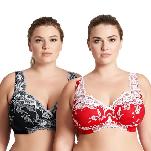 Curve Muse Women's Plus Size Minimizer Unlined Wireless Lace Full Coverage Bras-2Pack-Black,Red-36DDD