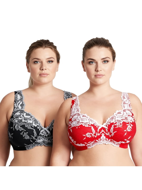 Women's Plus Size Minimizer Unlined Wireless Lace Full Coverage Bras-2Pack-Black,Red-36DDD