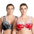 thumbnail image 1 of Curve Muse Women's Plus Size Minimizer Unlined Wireless Lace Full Coverage Bras-2Pack-Black,Red-38DDD, 1 of 6