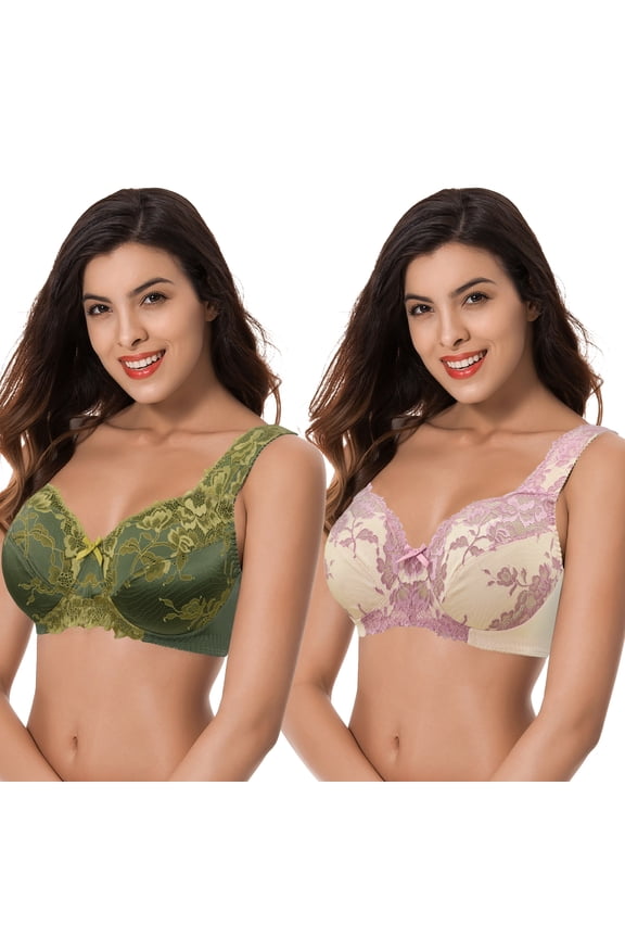 Women's Plus Size Minimizer Unlined Wireless Lace Full Coverage Bras-2Pack-DEEP LICHEN GREEN,NUDE-46DDD
