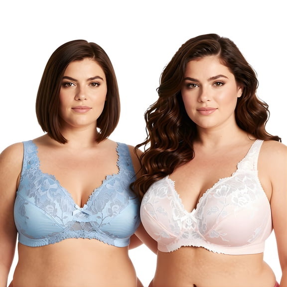 Curve Muse Women's Plus Size Minimizer Unlined Wireless Lace Full Coverage Bras-2Pack-STARLIGHT BLUE,PINK DOGWOOD-34B