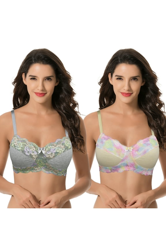 Women's Plus Size Minimizer Wirefree Unlined Bra With Lace Trim-2Pack-GRAY,YELLOW-36B