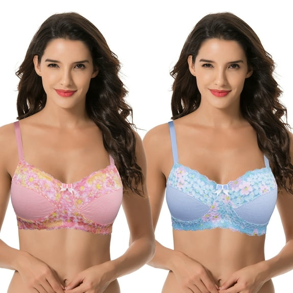 Curve Muse Women's Plus Size Minimizer Wirefree Unlined Bra With Lace Trim-2Pack-PINK,LT BLUE-36B