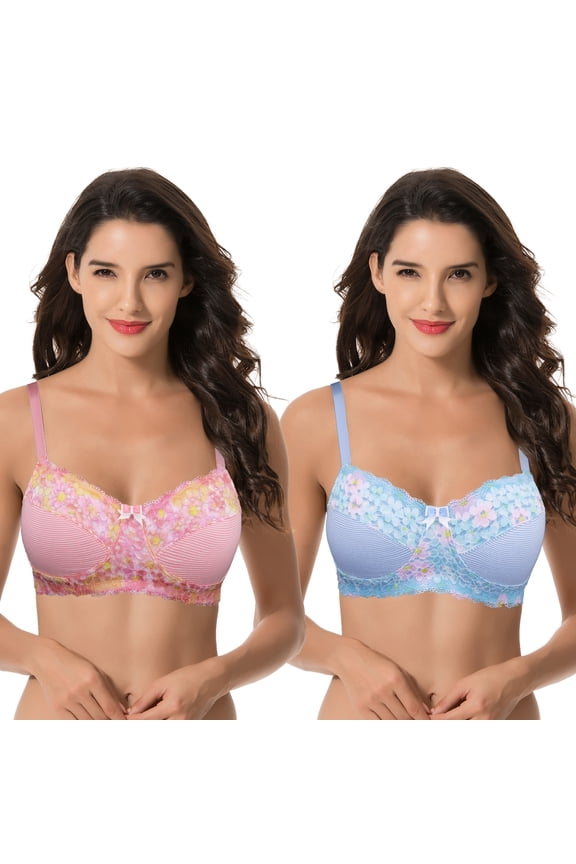 Women's Plus Size Minimizer Wirefree Unlined Bra With Lace Trim-2Pack-PINK,LT BLUE-46DDDD