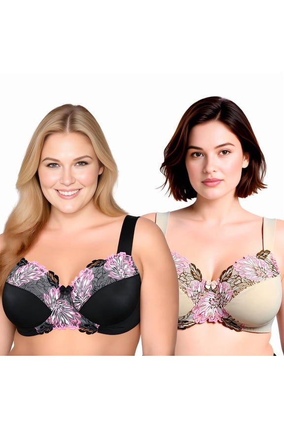 Women's Plus Size Minimizer Wireless Unlined Bra with Embroidery Lace-2Pack-BLACK,NUDE-34C